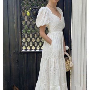 Mille Resort Travel Size M Maja Tiered Eyelet Maxi Puff Sleeve Dress Pearl White